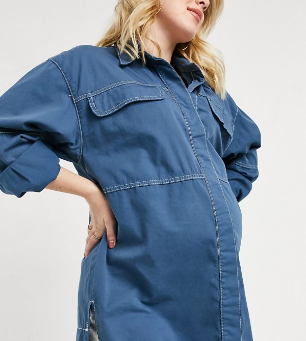 Topshop Maternity oversized denim shirt in blue-Navy
