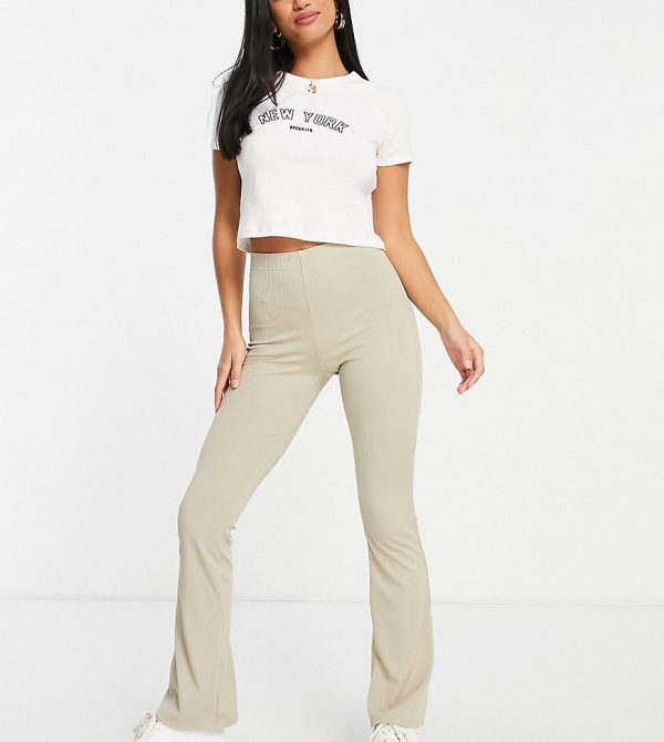 Topshop Petite skinny ribbed flared pants in taupe-Gray