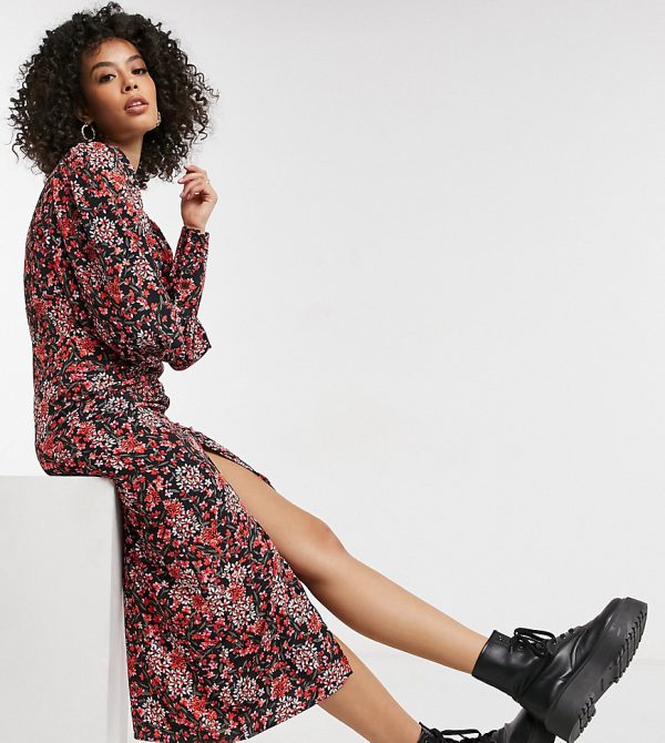 Topshop Tall ruched front midi dress in floral-Multi