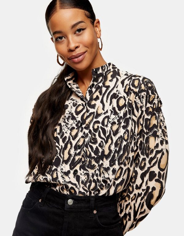 Topshop blouse with puff sleeves in animal print-Black
