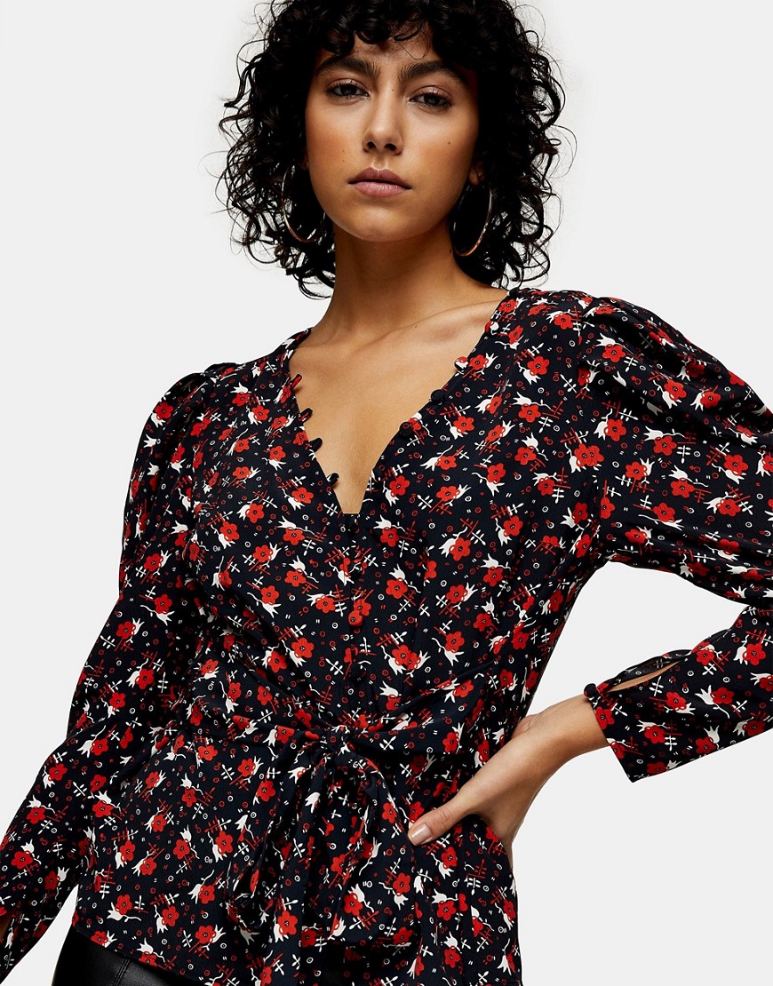Topshop button front blouse in black & red floral-Multi | Fashion Gone