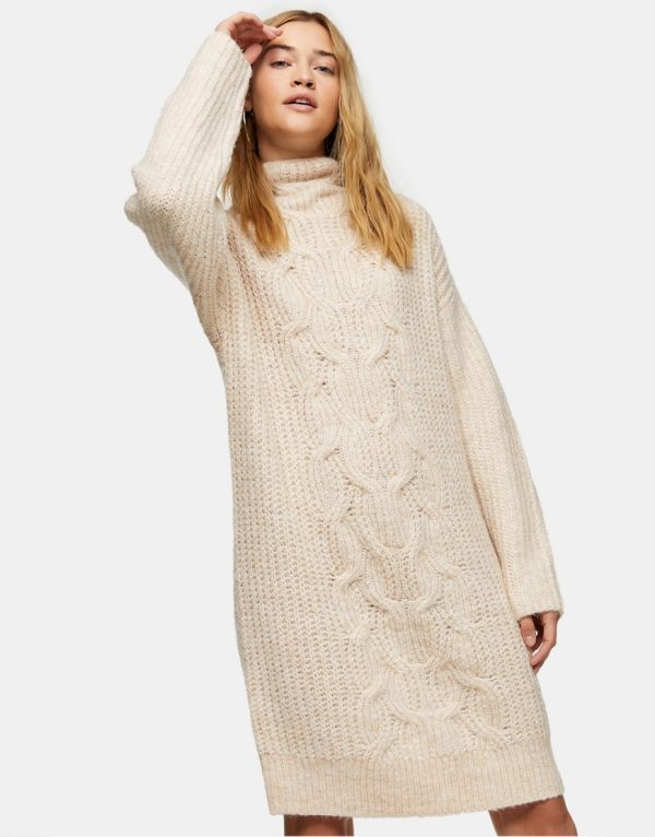 Topshop cable knit midi sweater dress in ivory-Brown