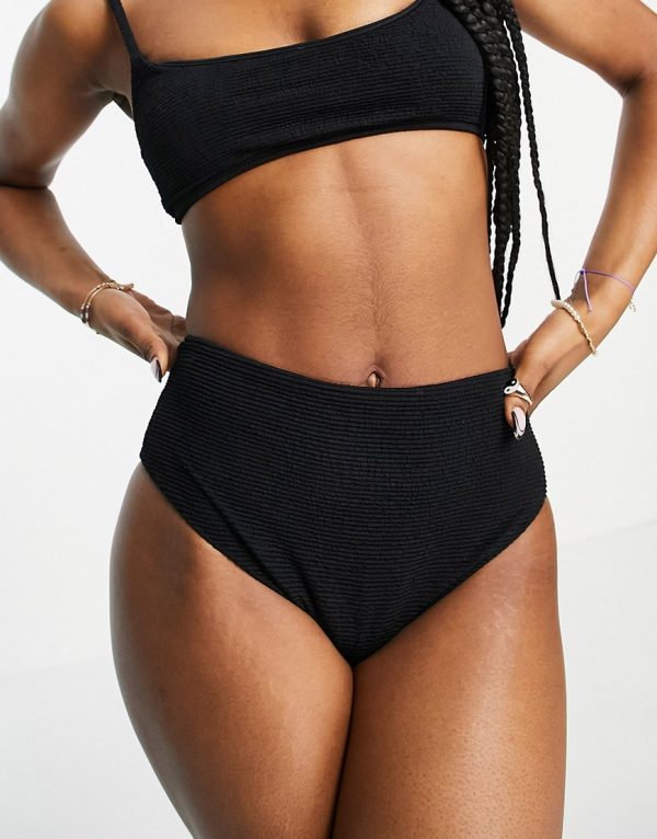 Topshop crinkle high waist bikini bottom in black