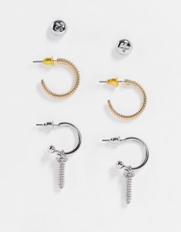 Topshop deadlock screw 3 x multipack earrings in silver and gold mix