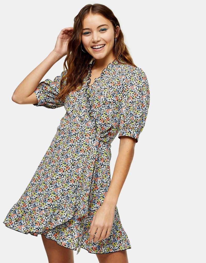 Topshop ditsy floral wrap mini dress in multi