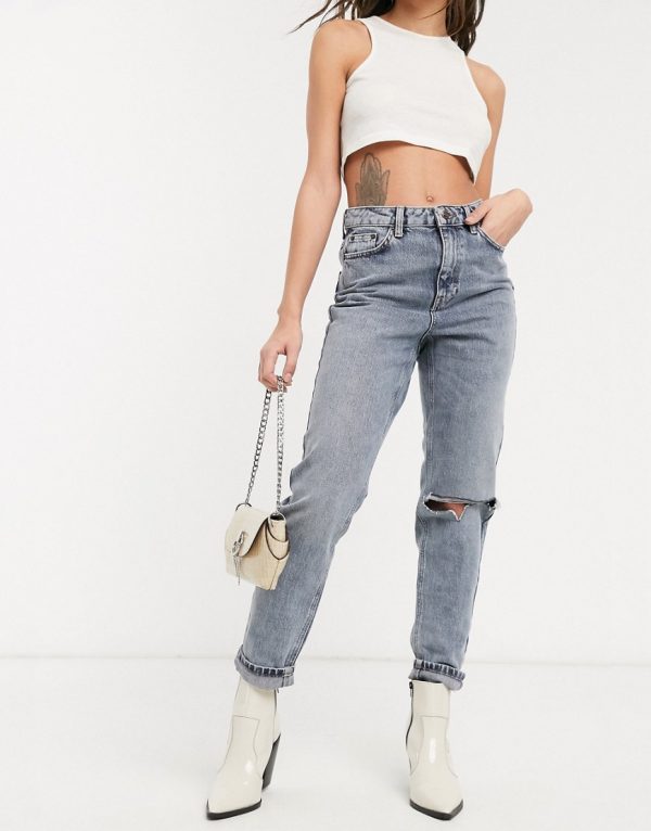Topshop double knee rip mom jeans in smoke-Grey