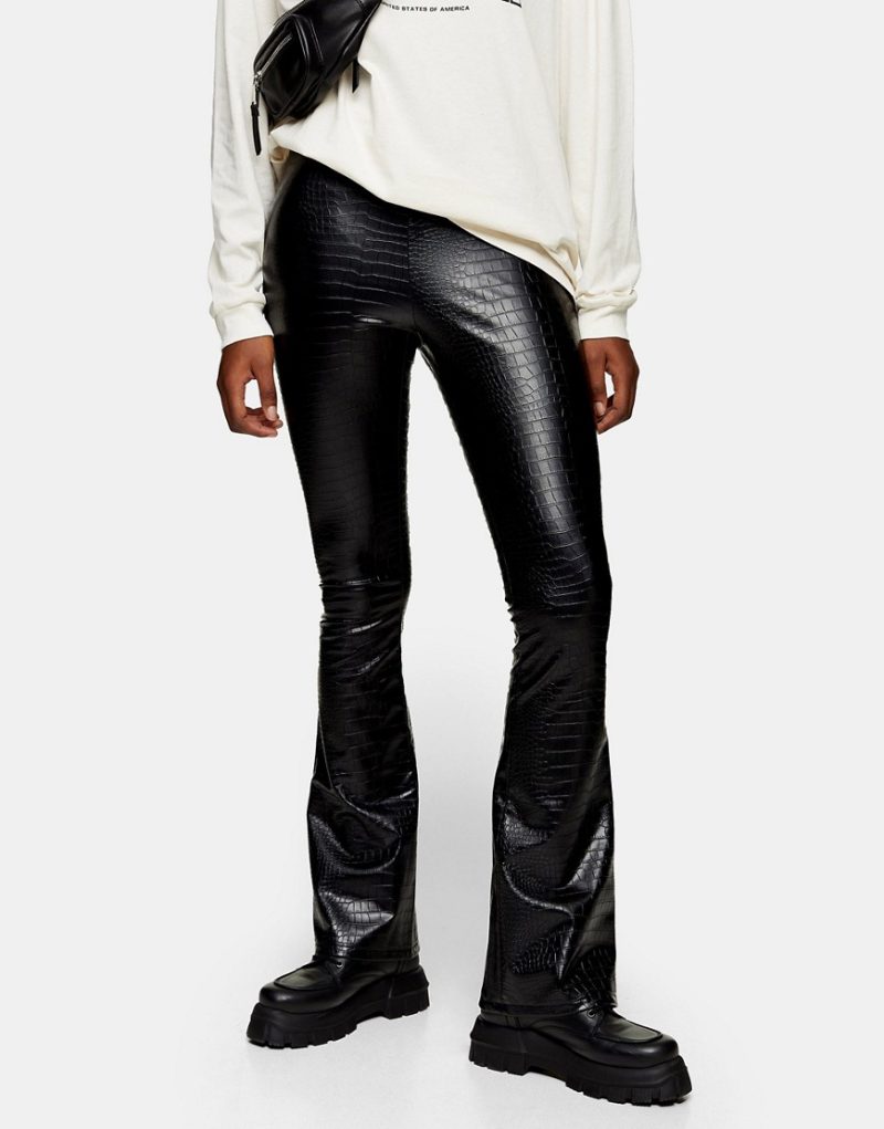 Topshop faux leather flared pants in black croc print