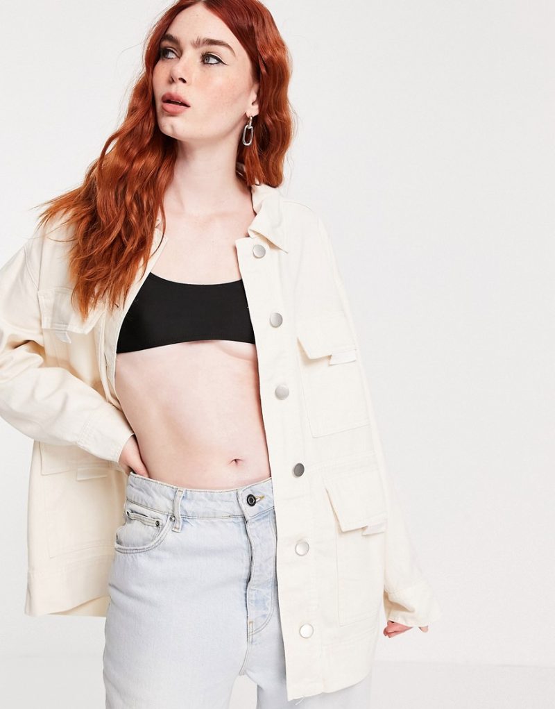 Topshop lightweight jacket with utility pockets in ecru-White