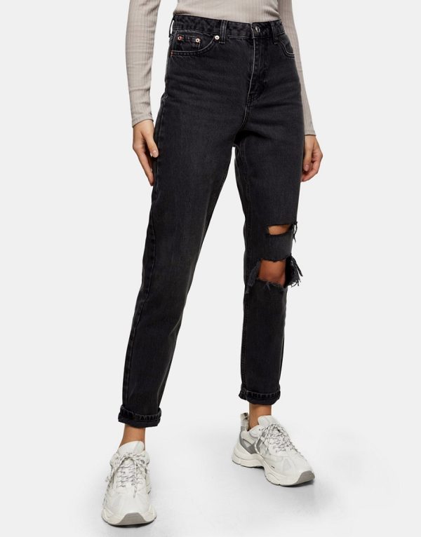 Topshop mom jeans with rips in washed black
