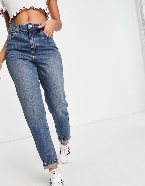 Topshop mom recycled cotton blend jeans in mid blue-Blues