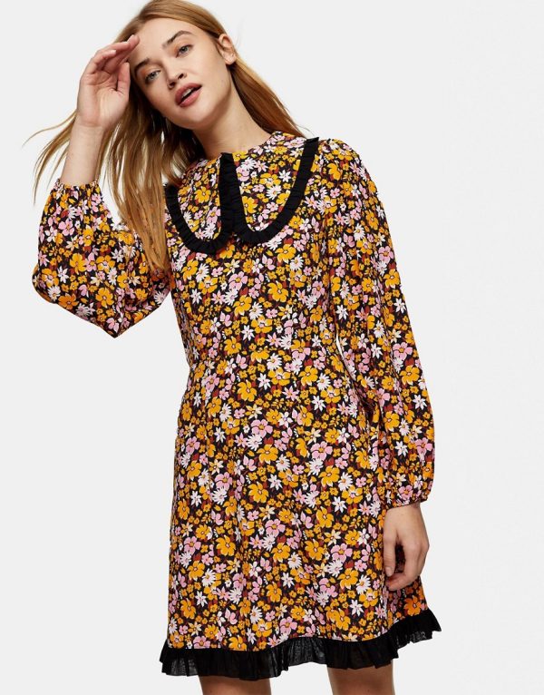 Topshop oversized collar mini dress in floral print-Multi