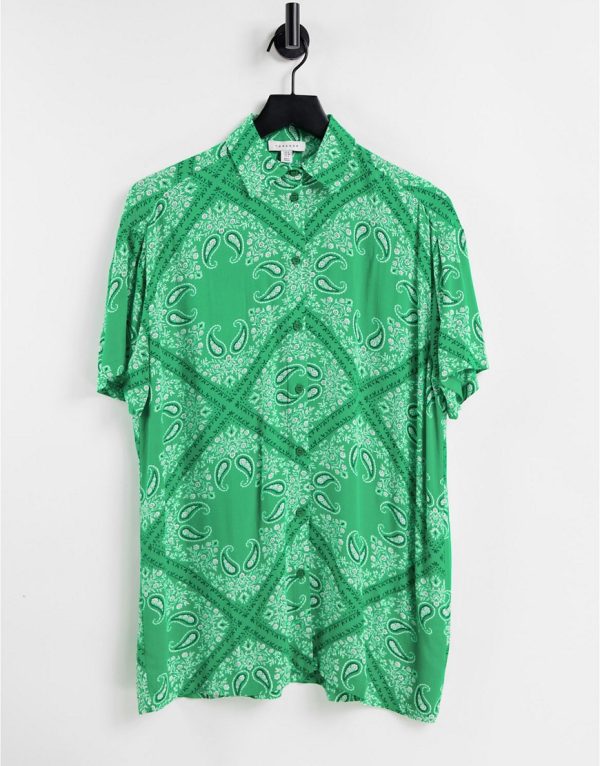 Topshop paisley oversized short sleeve souvenir shirt in green