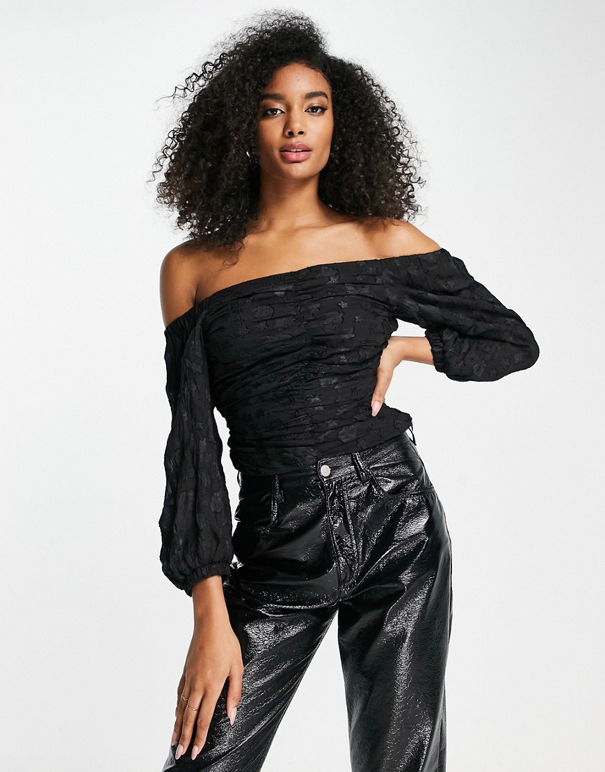 Topshop ruched Bardot top in black | Fashion Gone Rogue