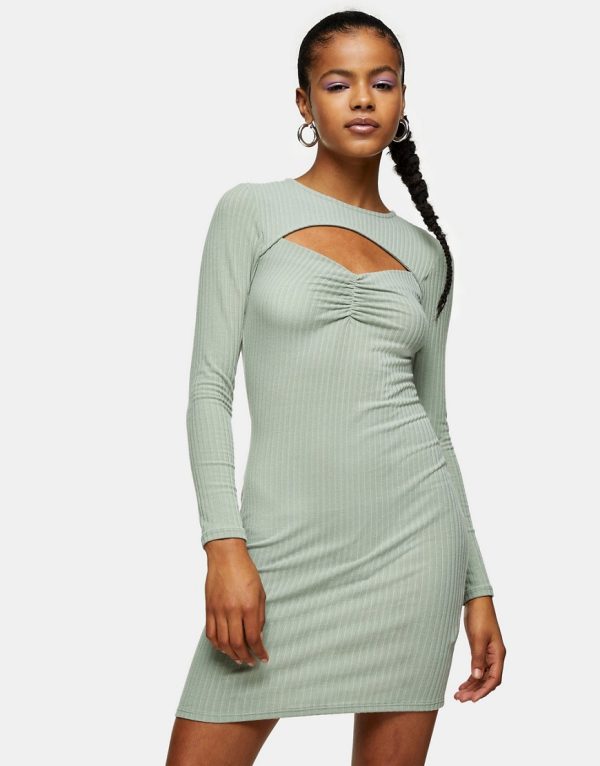 Topshop ruched body-conscious dress with cut out detail in khaki-Green