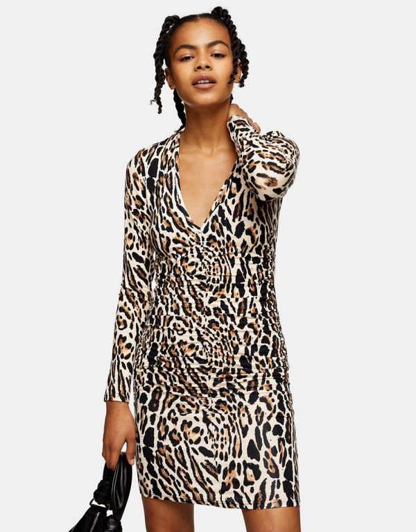 Topshop ruched front mini dress in leopard print-Multi