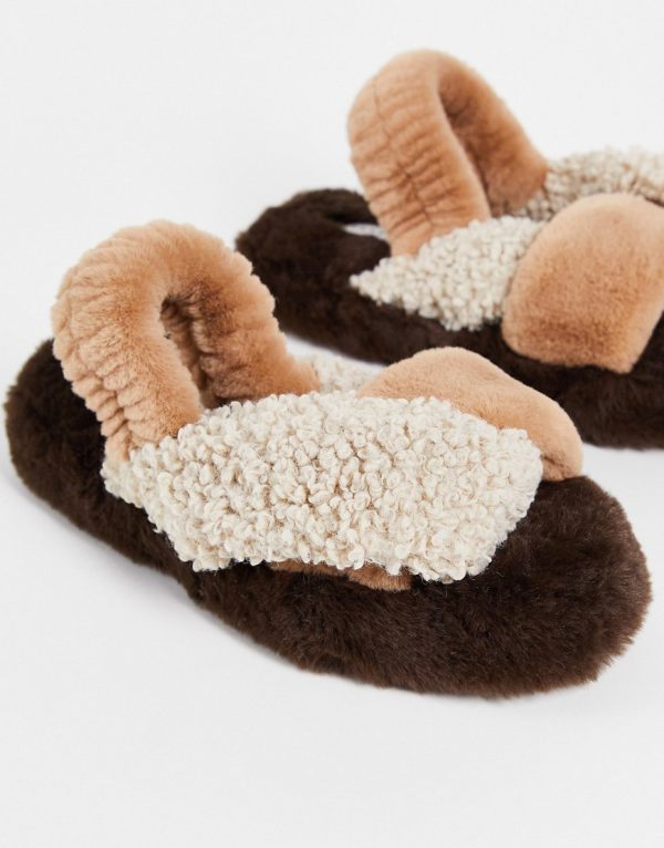 Topshop sherpa & faux fur strappy slippers in neutral