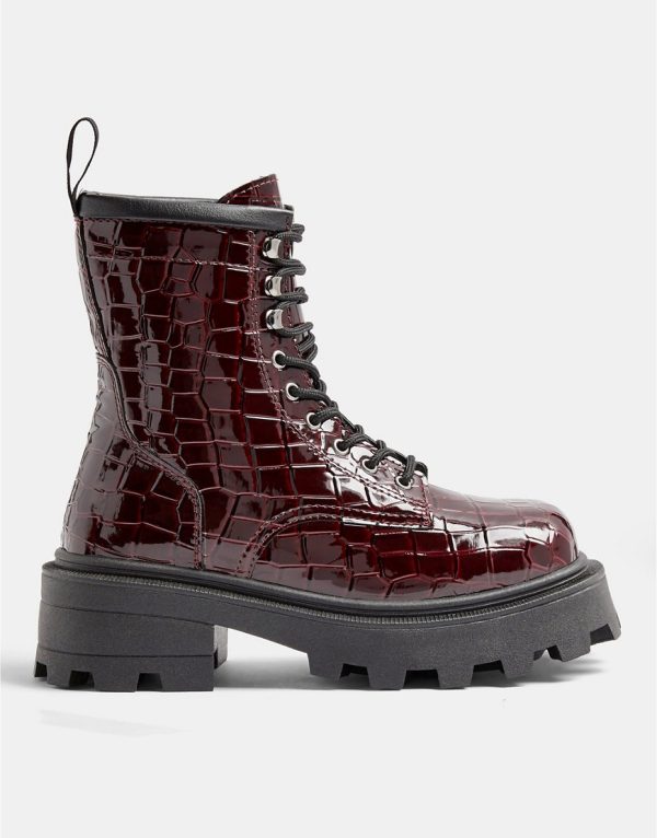Topshop square toe lace up boots in burgundy-Red