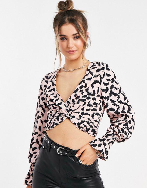 Topshop twist front lash print blouse in pink