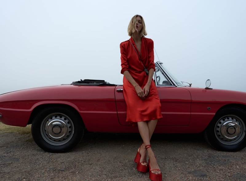 Anja Rubik Red Car Red Satin Dress