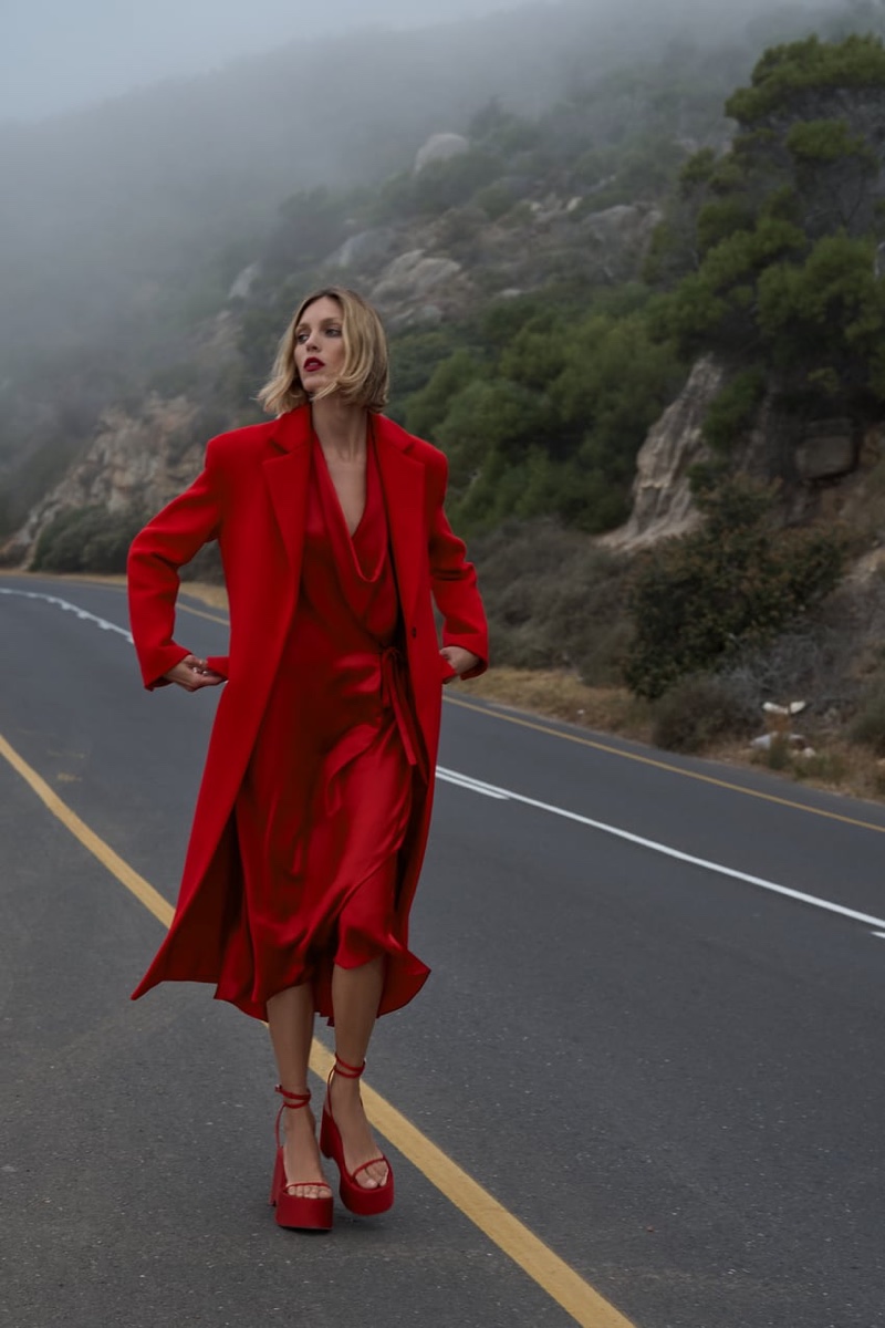 Anja Rubik Road Zara Red Dress Coat Valentine's Day