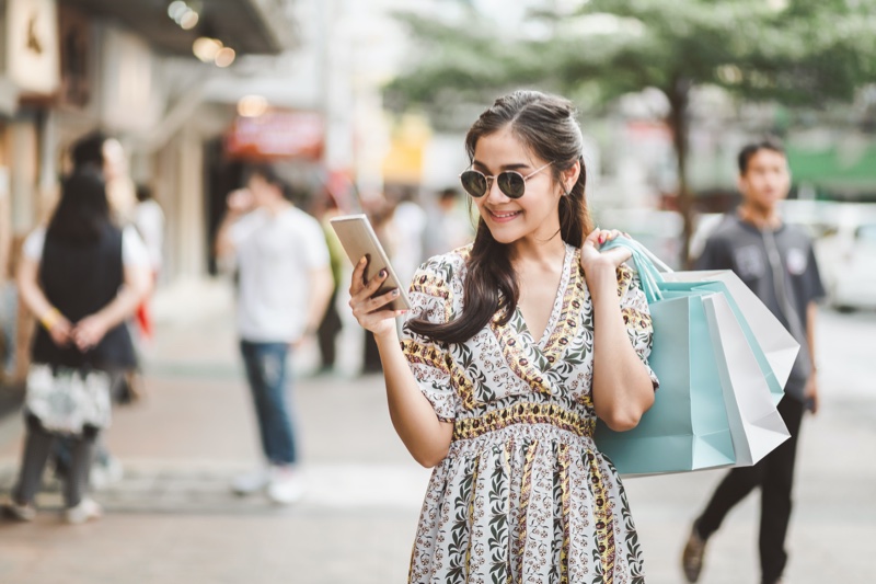 Asian Girl Dress Shopping Bags Phone