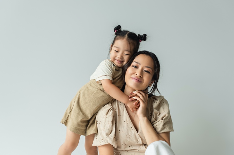 Asian Mom Kid Daughter Romper Neutral Colors