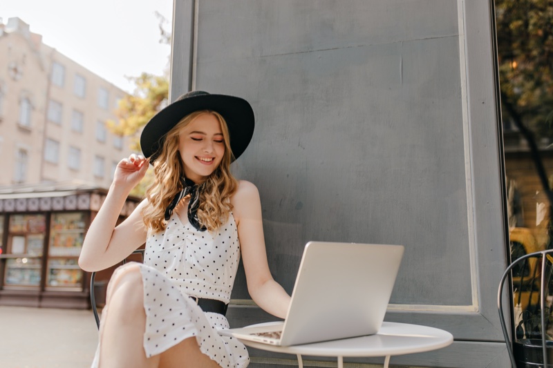 Blonde Woman Laptop Polka Dot Dress