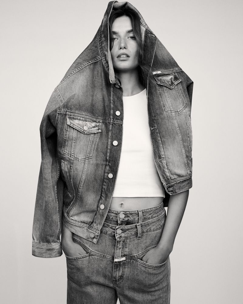 Wearing a jean jacket over her head, Andreea Diaconu fronts Closed Denim spring-summer 2022 campaign.