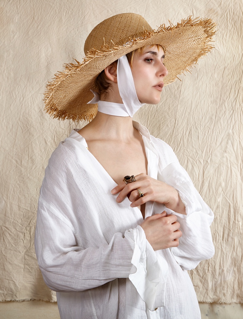 Hat Cha Cha’s House, White Men’s Shirt Vintage Atlantic Connection, Stacked Ring Alexander McQueen, and Black Diamond Ring Vintage. Photo: Gail Hadani