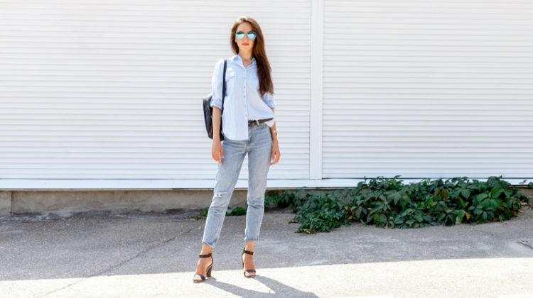 Female Model Blue Shirt Cropped Jeans