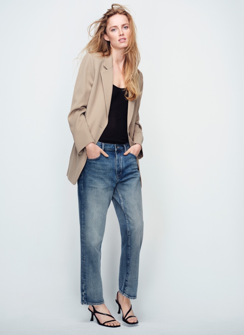Massimo Dutti Twill Wool Blazer, Ribbed Vest Top, High-Waist Vintage-Wash Jeans, and Leather High-Heel Sandals with Welt Detail.