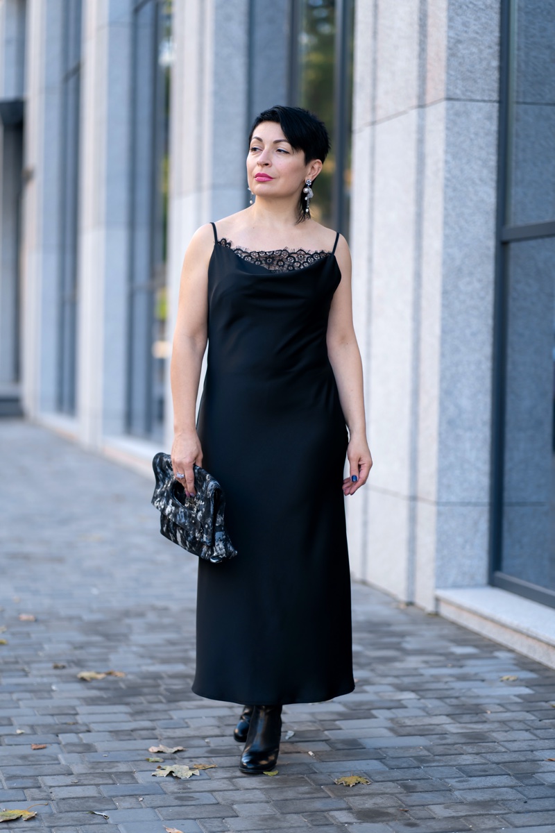 Mature 50s Woman Black Sheath Dress