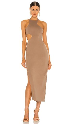 Michael Costello x REVOLVE Rylan Midi Dress in Taupe. - size XS (also in L, M, S)