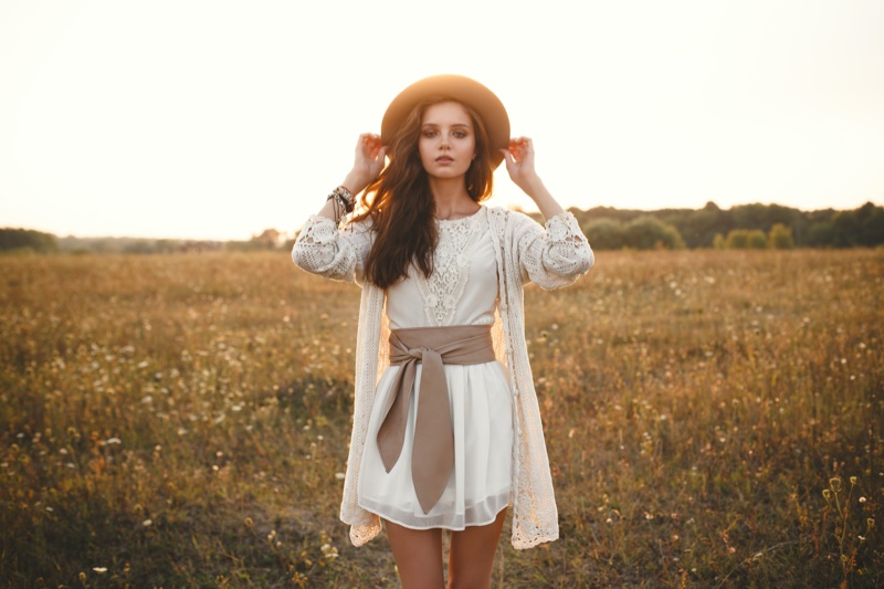 Model Outdoors White Crochet Sweater Dress Hat