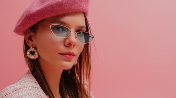 Model Pink Beret Sunglasses Statement Earrings