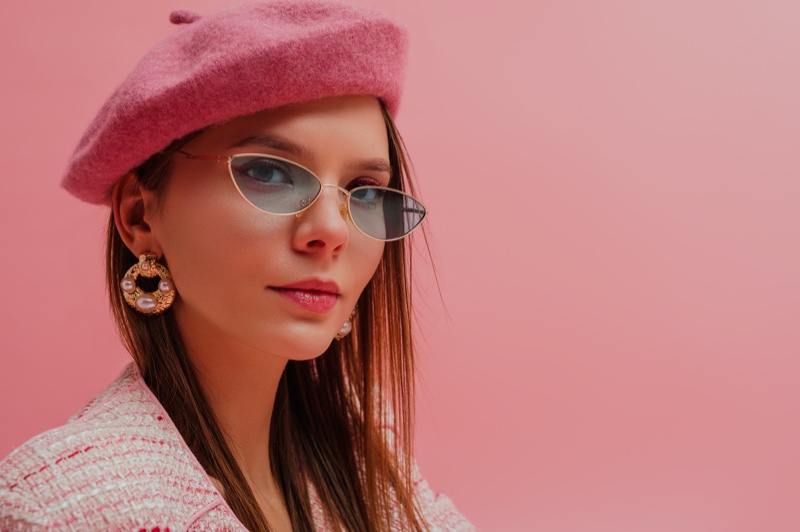 Model Pink Beret Sunglasses Statement Earrings