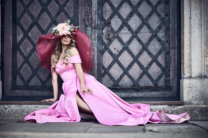 Model Pink Gown Spring Hat Flowers