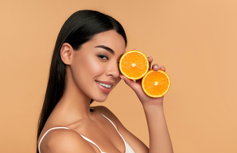 Model Posing Oranges Beauty