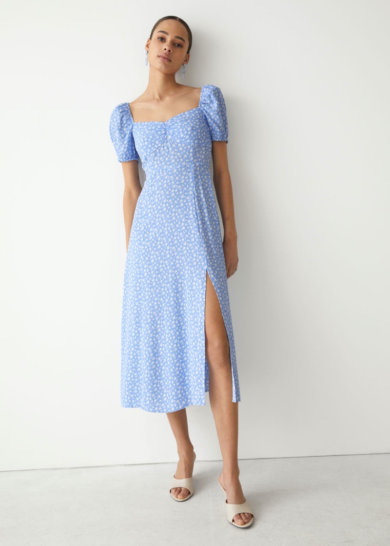 & Other Stories Flowy Puff Sleeve Midi Dress in Blue Florals $119