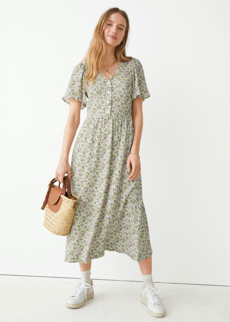 & Other Stories Flutter Sleeve Midi Dress in Green Florals $99