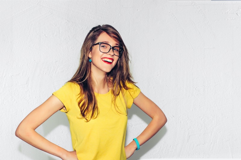 Smiling Woman Eye Glasses Yellow Shirt