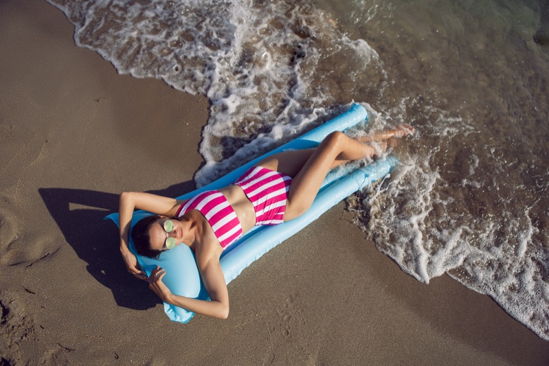 Striped Bikini Set Pink White Beach