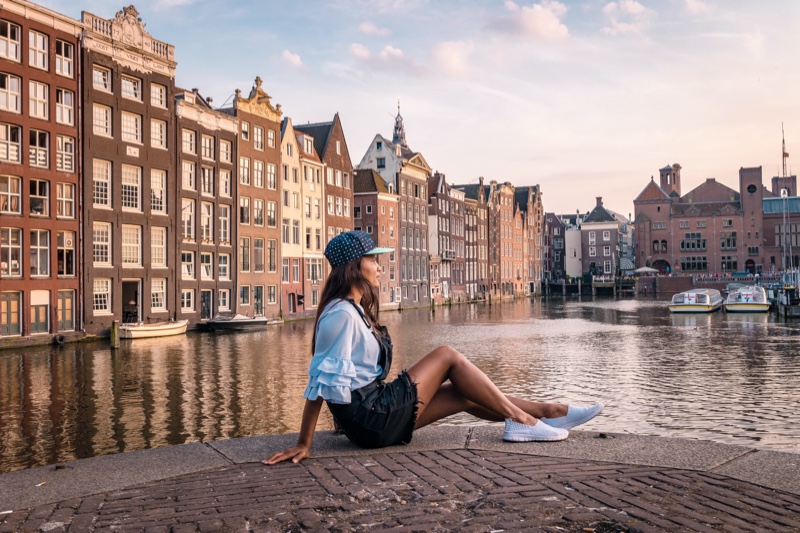Stylish Woman Amsterdam Sunset Waterfront