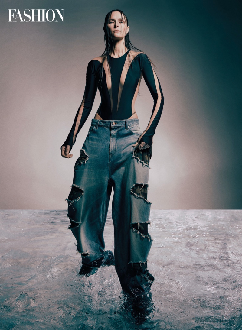 Mugler Sheer Panel Bodysuit Ripped Balenciaga Jeans