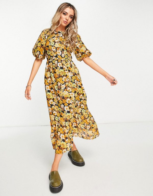 Topshop 70's floral puff sleeve midi dress in multi