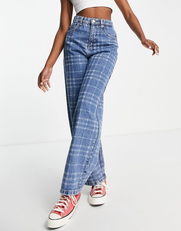 Topshop Baggy jean in mid blue check-Blues