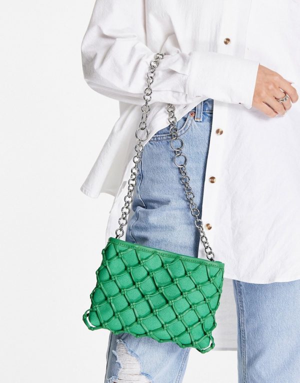 Topshop PU string canvas shoulder bag with chain-Green