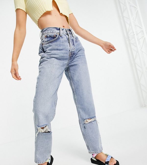 Topshop Petite double ripped dad jeans-Blues