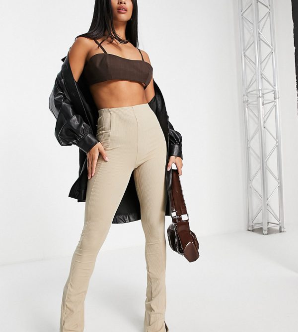 Topshop Petite flared pants with split hem in stone-Neutral