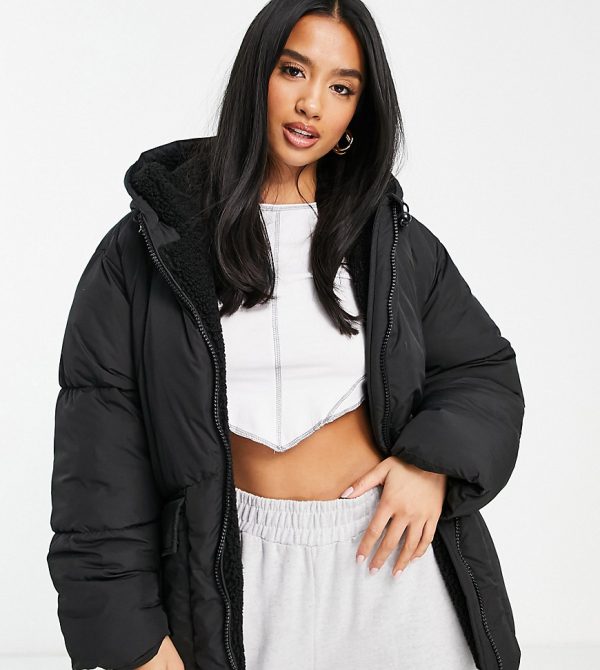 Topshop Petite mid length puffer jacket with borg lined hood in black